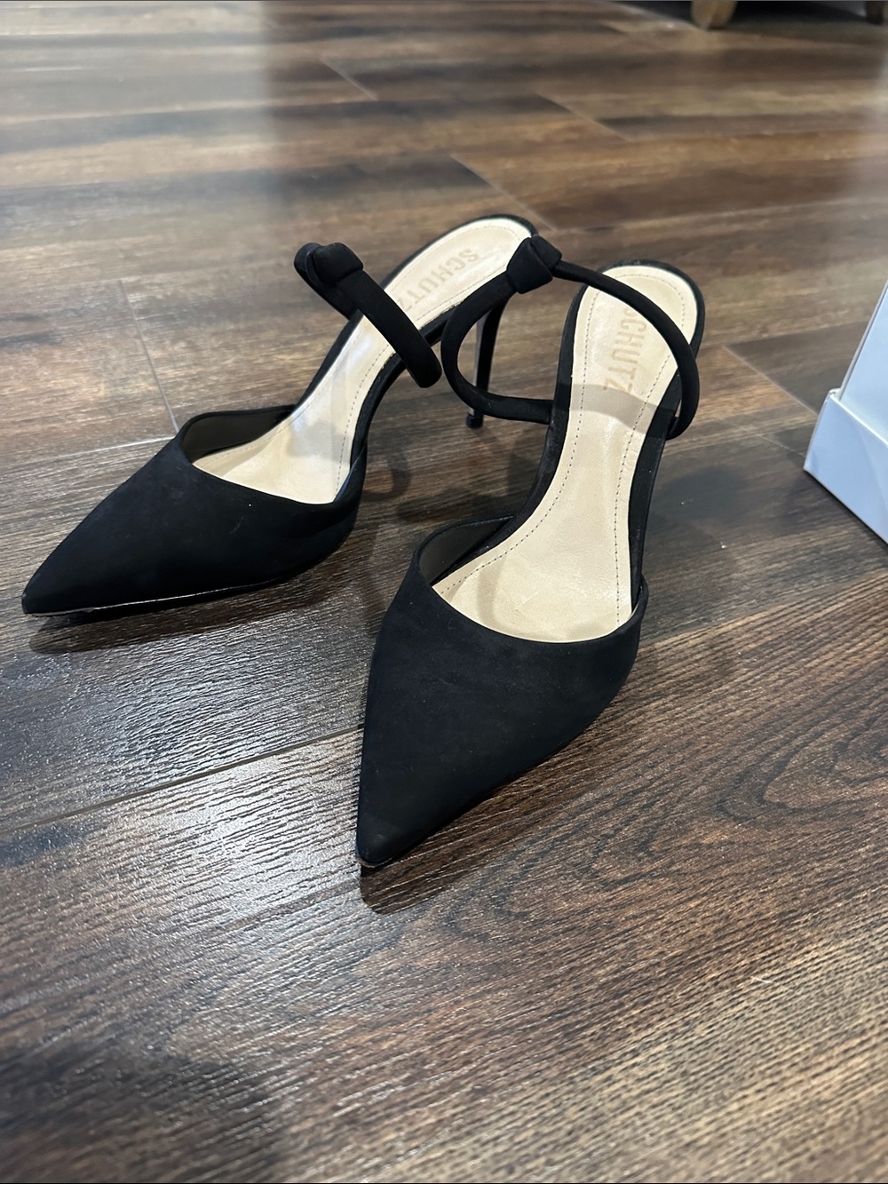 SCHUTZ Black Pointed Slingback Pumps with Ankle Straps